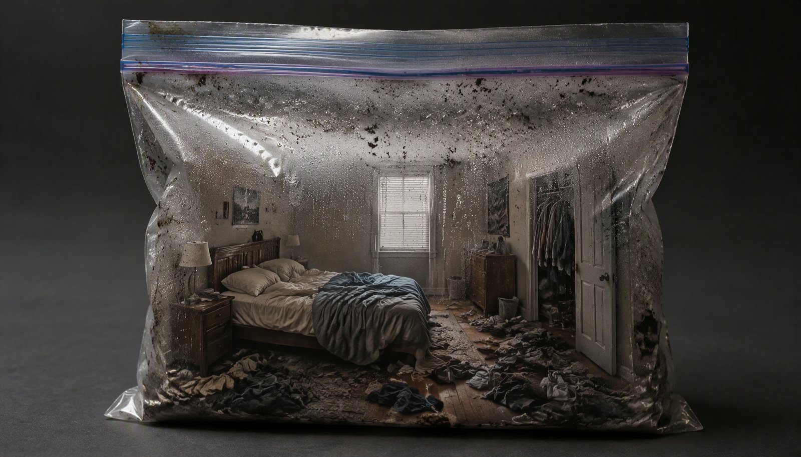 Conceptual image of a bedroom sealed inside a ziplock bag, its interior fogged with condensation and mould spots creeping along the top, illustrating a room with no effective ventilation