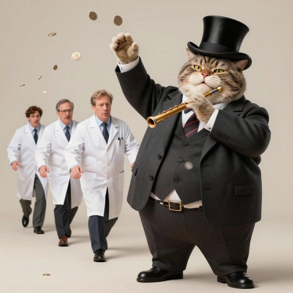 A well-dressed cat in a top hat tossing coins while playing a pipe, with a line of researchers in lab coats following along behind it, illustrating industry funding leading study outcomes