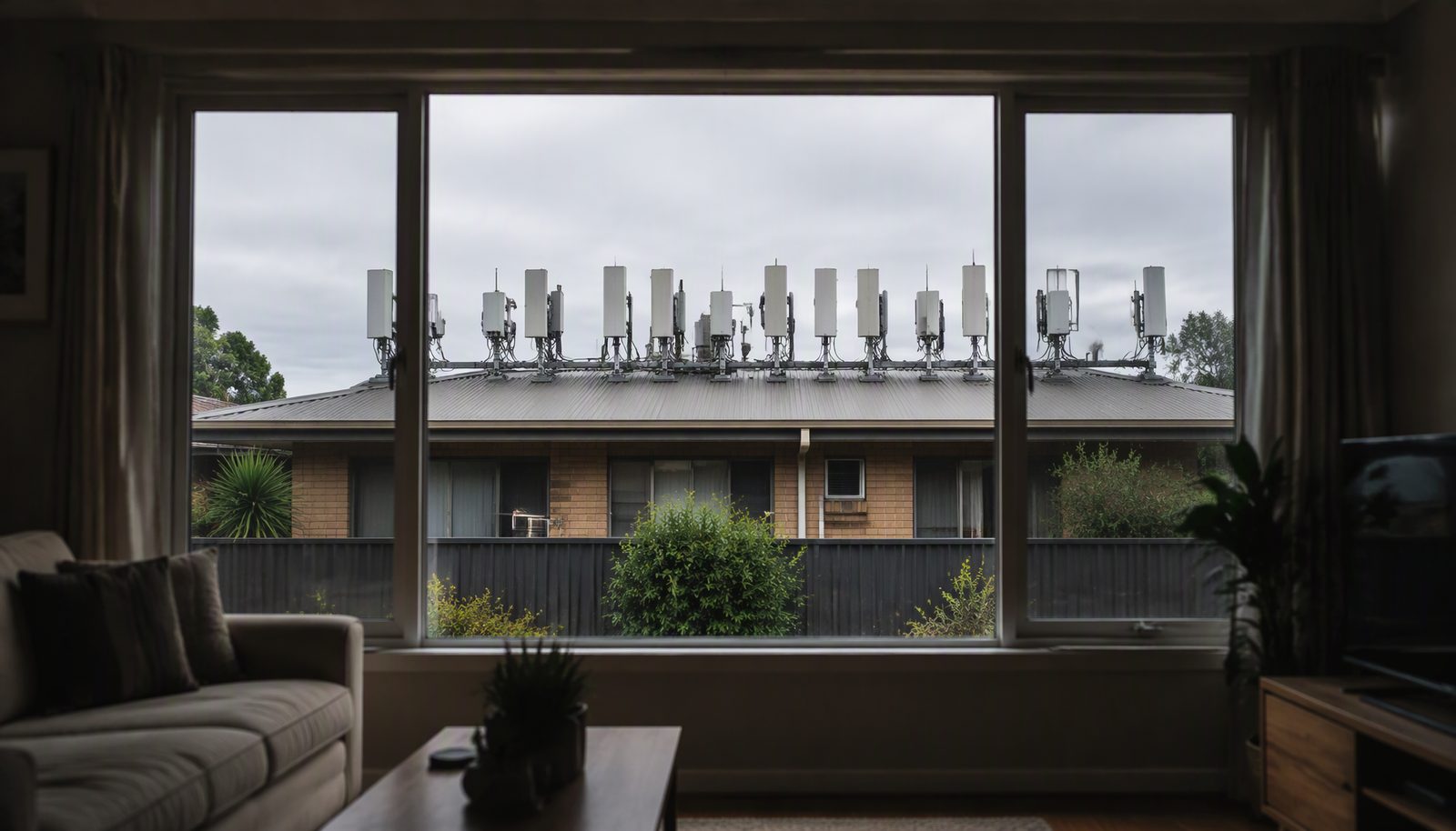 Hyperbolic illustration of a neighbouring rooftop lined with cellular antenna panels, viewed from a lounge window — a tongue-in-cheek exaggeration of what an ordinary neighbour's Wi-Fi and DECT setup can effectively represent at close range