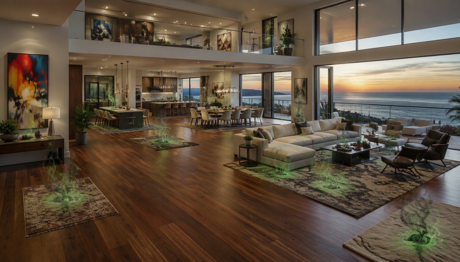 A luxurious open-plan home with several throw rugs scattered across the floor, each with green vapour rising from it, illustrating VOC and formaldehyde off-gassing invisible to the eye