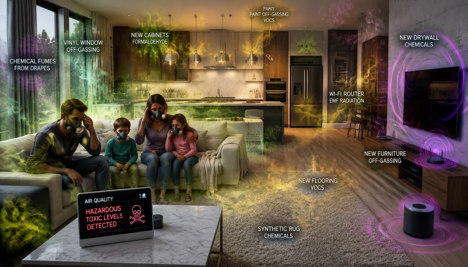 Illustration of a family wearing respirator masks in a brand-new home, with labelled sources of chemical off-gassing (new cabinets, paint, flooring, rugs, furniture, drywall) and EMF radiation (Wi-Fi router, smart speaker, TV), and an air quality display reading HAZARDOUS TOXIC LEVELS DETECTED